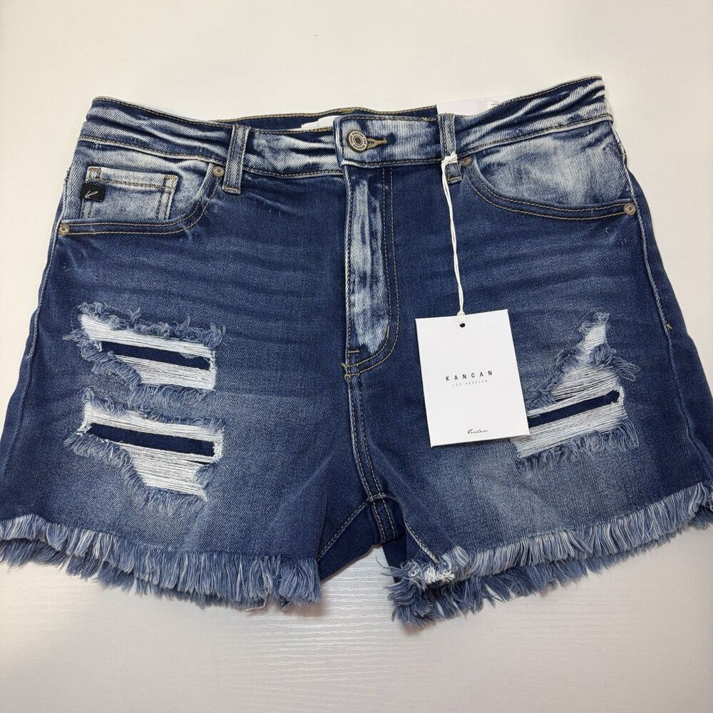 Kancan Jean Shorts Womens XL Distressed High Rise Cut Off Denim Blue Jean Shorts